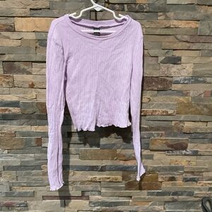 SHEIN 93% Cotton Lavender Lilac Purple Ribbed Long Sleeve Crop Top